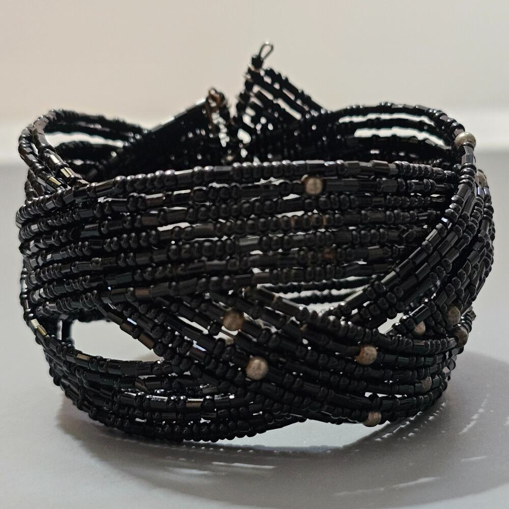 Bohemian Boho Black Seed Bead Memory Wire Braided Wrap Cuff Bracelet Wide